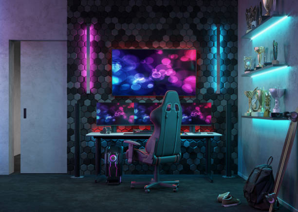 Dark neon gamer workspace 3d illustration Dark neon gamer workspace 3d illustration. Digital game room with computer monitor and gamer chair. neon bedroom stock pictures, royalty-free photos & images