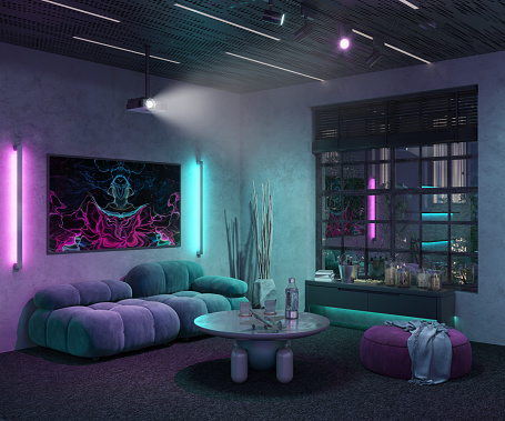 Video gamer bedroom night interior in 3d. Computer generated image of a home interior with multicolored neon lightning. Bedroom with a comfortable couch, artistic painting on the wall, projector on the ceiling and large window.