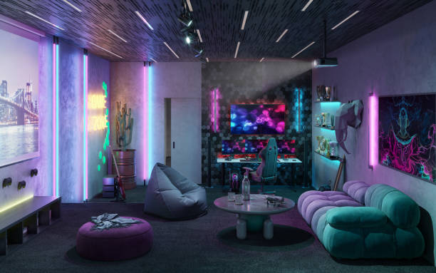 Gaming room 3d rendering 3d rendering of game room. Computer gaming PC on the desk in a dark room with neon lights. Futuristic modern workplace of computer gamer. neon bedroom stock pictures, royalty-free photos & images