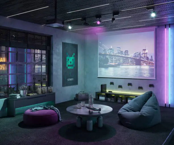 3d rendering of gamer room with colorful neon lights.  Modern computer gamer room setup with projection screen, beanbag, table, computer consoles in wall.