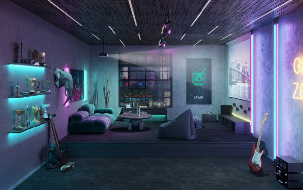 Video gamer room with multicolored neon lights in 3d Digitally generated image of a video gamer room with multicolored neon lights. Dark gaming room with furniture and projector screen. neon bedroom stock pictures, royalty-free photos & images