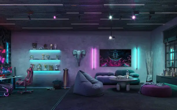 Video gamer room interior in 3d. Computer generated image of a game room interior with multicolored neon lightning, comfortable couch, artistic painting on the wall, projector on the ceiling and video gaming computer on desk.