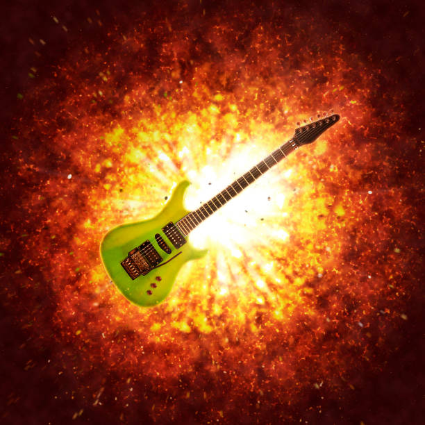 istock Green rock electric guitar against dramatic explosion 1395111776