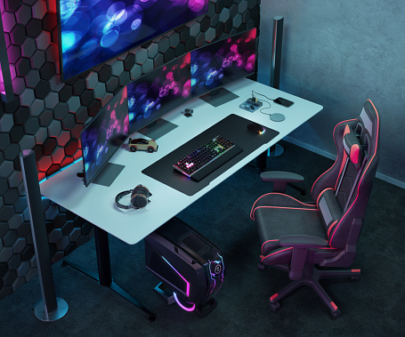 Gamer desk 3d rendering. Digital gaming room with computer monitors keyboard, headphones, mouse, gamer chair, and colorful painting on hexagon patterned wall.