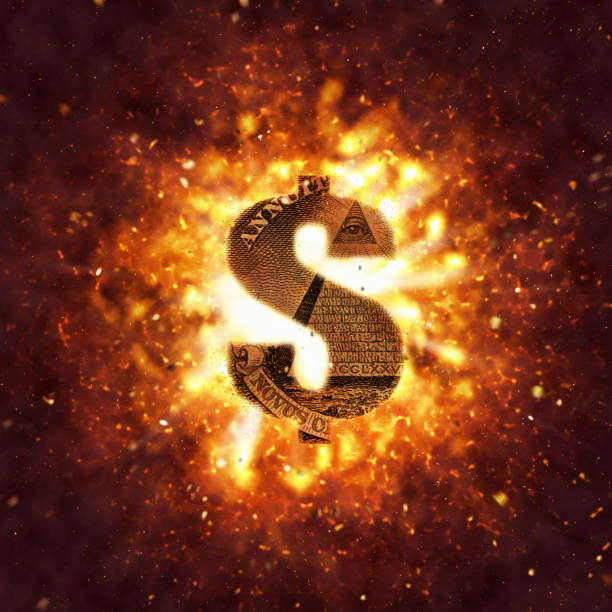 dollar sign cut out of us dollar banknote, emerging from dramatic explosion - capital letter flash imagens e fotografias de stock