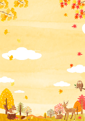 Cute Animals in Autumn Forest Backgrounds Web graphics, hand painted with watercolor.