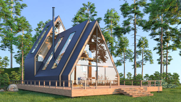 istock Frame cabin exterior in the forest. 3d illustration 1395112487