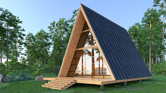Frame cabin exterior in the forest. 3d illustration