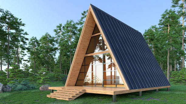 Frame cabin exterior in the forest. 3d illustration stock photo