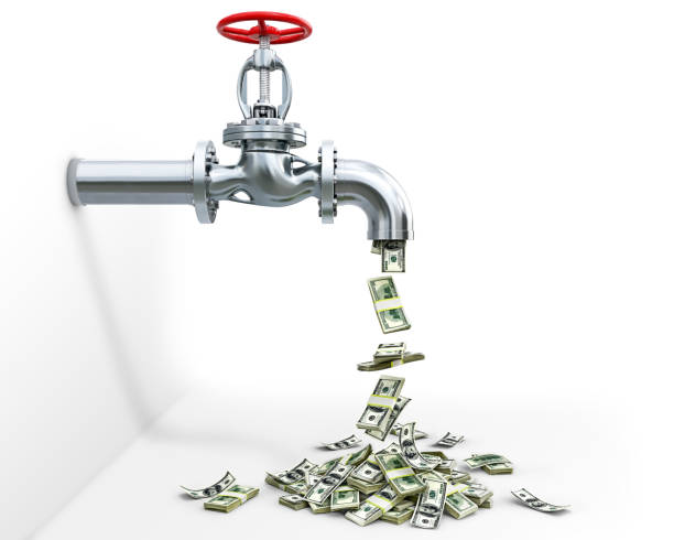 istock A steel tap with money dripping from it and falling down, pipeline concept, white background, 3d illustration 1395112651