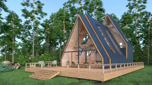 istock Frame cabin exterior in the forest. 3d illustration 1395112726