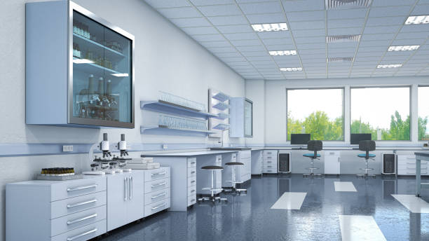 przestronne i jasne wnętrze laboratorium. ilustracja 3d - laboratory research indoors science zdjęcia i obrazy z banku zdjęć