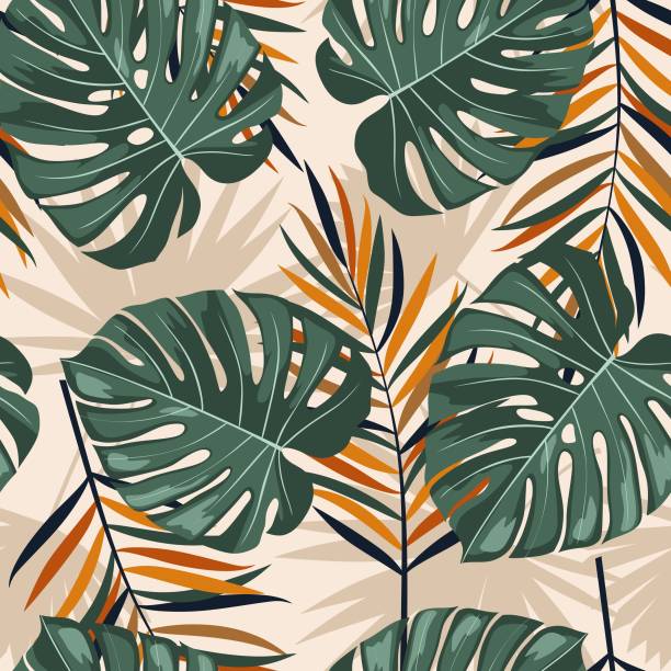 illustrazioni stock, clip art, cartoni animati e icone di tendenza di modello retrò senza cuciture. foglie botaniche tropicali. - palm leaf frond leaf backgrounds