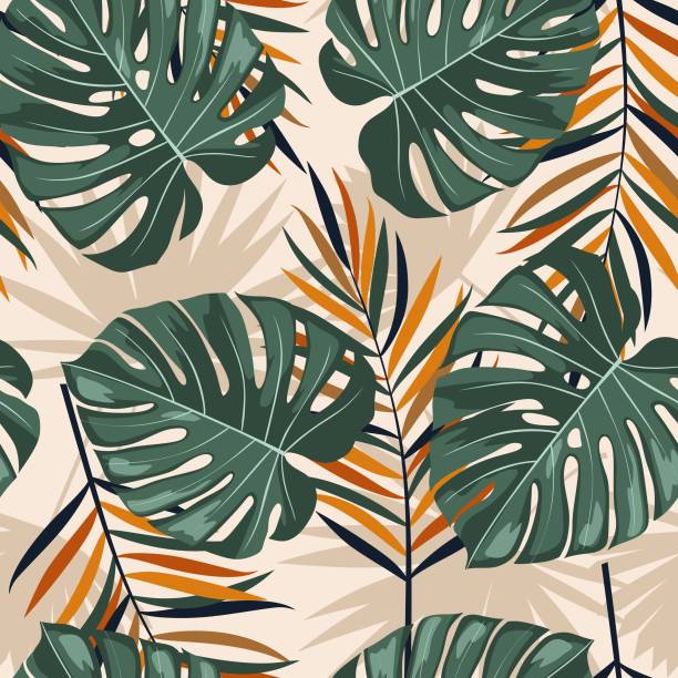 복고풍 이음새가 없는 패턴. 열대 식물 잎. - palm leaf leaf palm tree frond stock illustrations