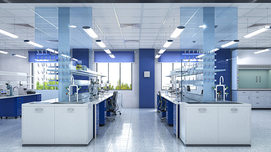 Spacious and bright laboratory interior. 3d illustration