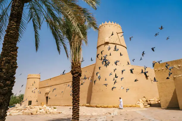 Photo of Masmak Fort with pigeons and palm trees