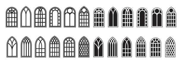 ゴシックウィンドウのアウトラインセット。ヴィンテージステンドグラス教会フレームのシルエット。伝統的なヨーロッパ建築の要素。ベクトル - arched window点のイラスト素材／クリップアート素材／マンガ素材／アイコン素材