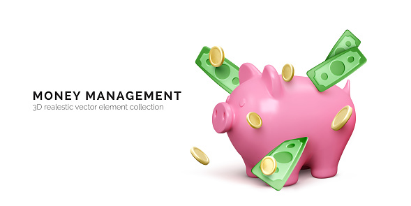 Pink piggy bank and falling green paper money and gold coins. Finance investment banner isolated on white background. Save money concept. Vector illustration