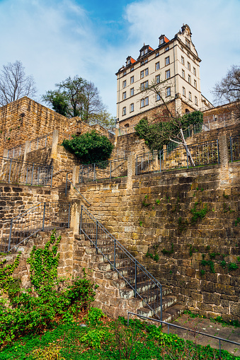 Bird's eye aerial view of the old town of Luxembourg, UNESCO World Heritage Site, with its Old Quarters, Fortifications and the ancient city wall