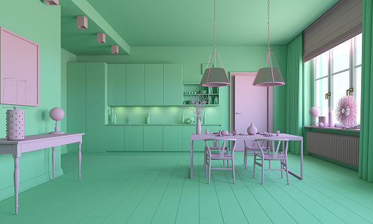 green& purple kitchen interior. 3d rendering concept idea