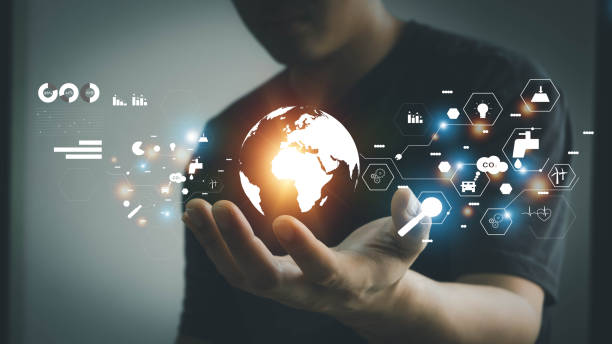 istock Air pollution management concept to protect the earth, pollution global warming icon. Problem Factors and Renewable Energy,Business people display data with virtual screen interface. 1395122070