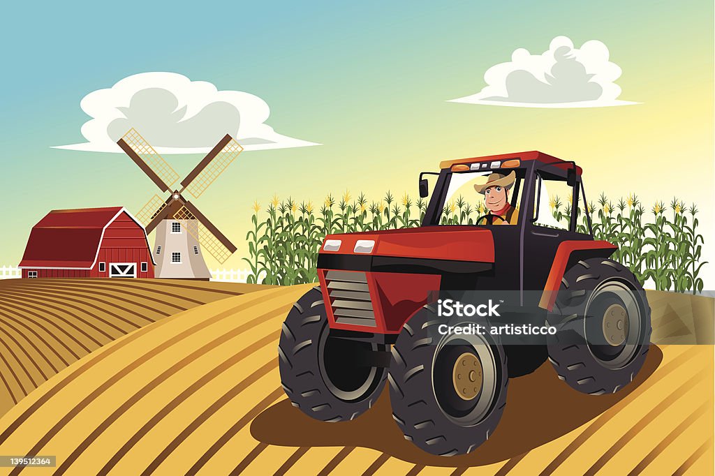 Agricultor andando por trator - Vetor de Trator royalty-free