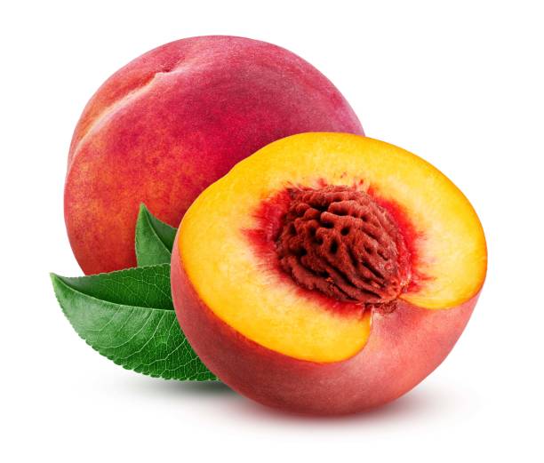 istock Peach and half isolated on white background 1395123803