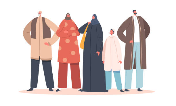 Traditional Muslim Family, Parents, Grandparents and Child, Young and Old Characters. Arab People Wear National Clothes Traditional Muslim Family, Parents, Grandparents and Child, Young and Old Characters. Arab People Wear National Clothes. Muslim Culture, Arabian Personages Traditions. Cartoon Vector Illustration oman cartoon stock illustrations