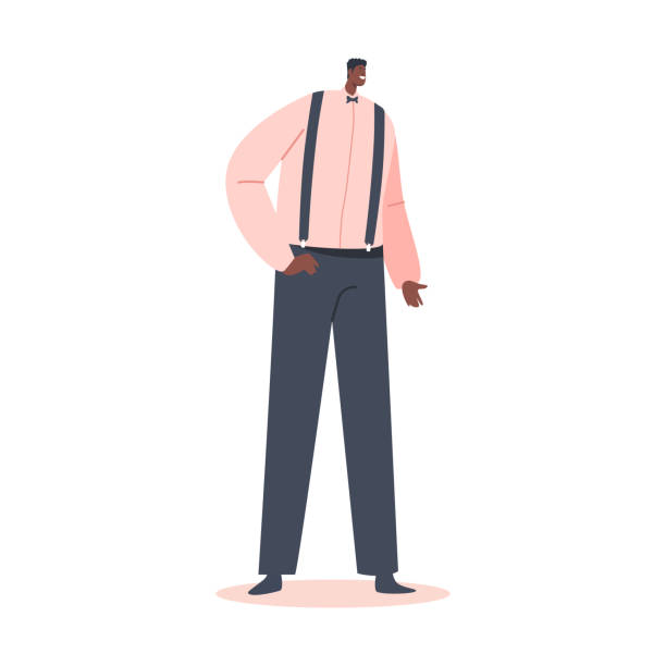 illustrations, cliparts, dessins animés et icônes de les mariés africains portent une chemise et un pantalon roses sur des bretelles isolées sur fond blanc. personnage masculin de jeune marié - wedding black and white weddings rose