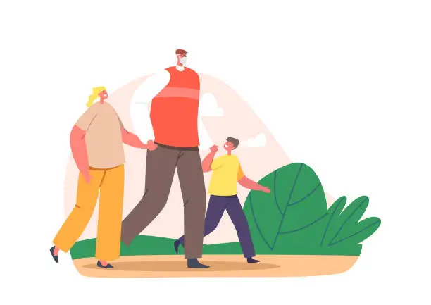 Vector illustration of Grandfather Walk with Grandchildren in Park. Happy Family Characters Grandpa with Girl and Boy Spend Time Together