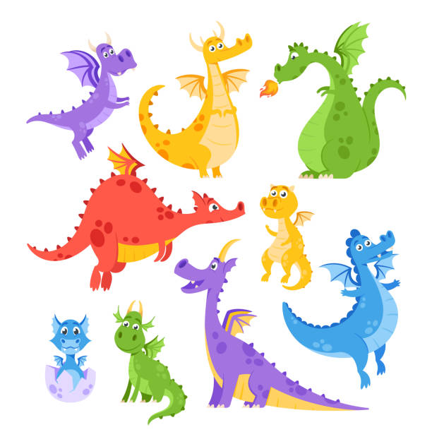 Set of Cute Dragons. Fairytale Amphibians and Reptiles With Wings and Teeth. Medieval Fantasy Wild Creatures Characters vector art illustration