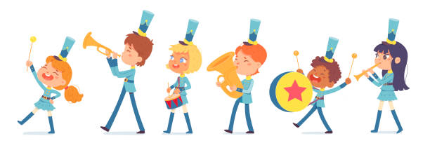 ilustrações de stock, clip art, desenhos animados e ícones de parade of cute band of marching kids in uniform set, girls and boys play festival music - parade band