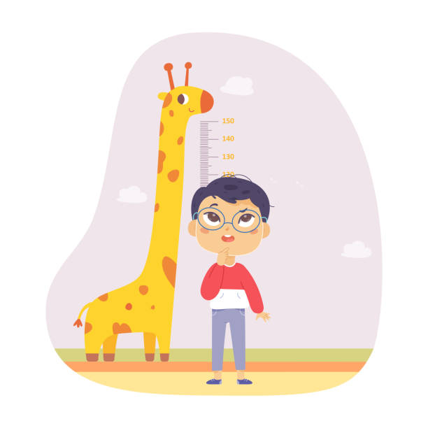 illustrazioni stock, clip art, cartoni animati e icone di tendenza di il ragazzo misura l'altezza con righello e allegra giraffa illustrazione vettoriale. cartone animato maschio adolescente, grafico della crescita del progresso con scala in centimetri e animale isolato su bianco. - metro per laltezza