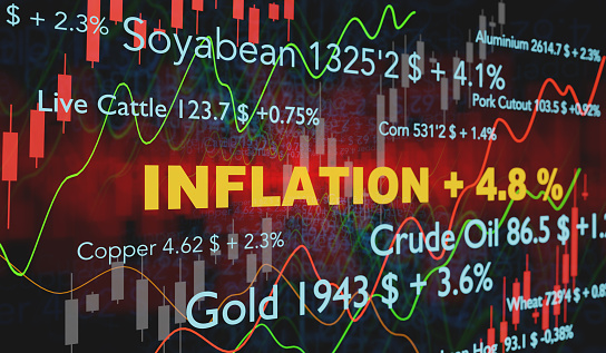The word Inflation illumintaed on a trading screen. Commodities like gold, copper, crude oil, wheat with price changes. The word inflation in big yellow glowing letters. Candle Stick and line charts in the background. Economy, stagflation and recession concept. 3D illustration