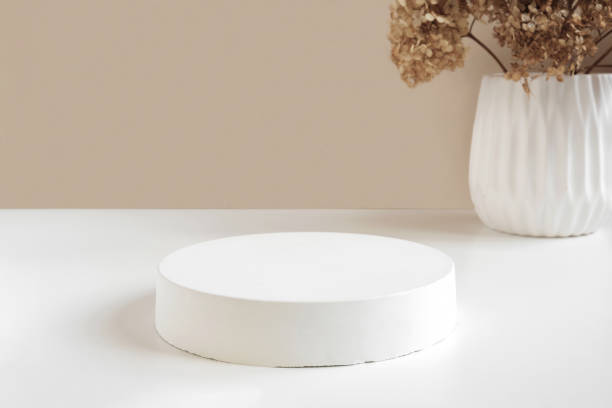 istock Podium for cosmetic product presentation and dry hydrangea flowers in Modern white ceramic vase. Abstract minimal geometrical form. Cylinder stone sphere. Scene to show. Showcase, display. Soft shadow 1395128898