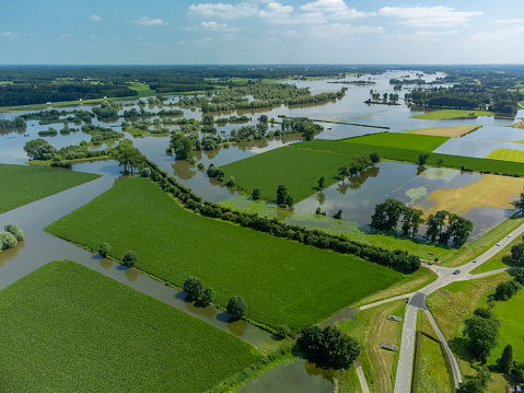 River IJssel with high water level on the floodplains between Zwolle and Deventer during summer between Gelderland and Overijssel, The Netherlands.