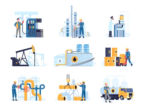 Oil industry workers. Petroleum processing. People work at gasoline station or refinery. Gas engineers. Rigs and pipeline construction. Different mechanic pumps. Vector fossil fuel extraction set