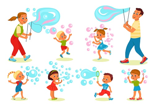 Soap bubbles show. Happy kids and parents blowing big foam balls. Cute boys and girls activities. Funny adults and children play. Cartoon people characters. Soapy balloons. Vector joyful persons set