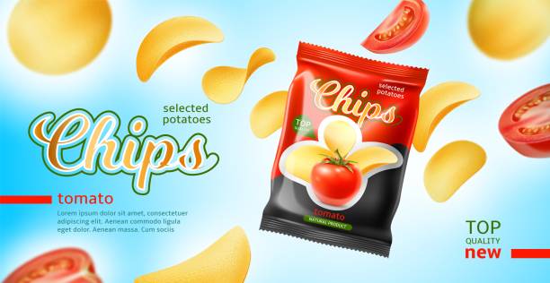 istock Realistic potato chips poster. 3D snacks advertising banner. Flying baked food elements. Designer packaging. Tomato taste. Fast food. Unhealthy vegetable meal container. Vector concept 1395132405