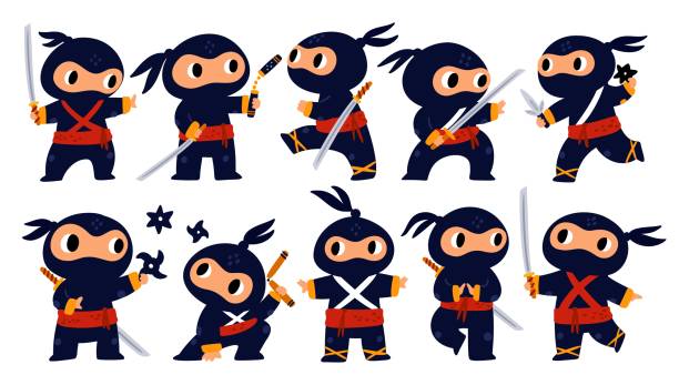 Cartoon ninja. Little funny Japanese warrior with different weapon types. Guy in black cloth and red bandage. Cute character fights with katana or shurikens. Vector Asian assassins set Cartoon ninja. Little funny Japanese warrior with different weapon types. Guy in black cloth and red bandage. Cute character fights with katana sword or shurikens. Vector Asian assassins poses set japanese throwing stars stock illustrations