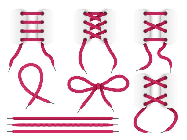 Realistic shoelace. Different lacing ways. Realistic boots ropes. Separate ribbons and bows with grommets. Isolated 3d strings. Cross or parallel variants. Vector footwear red cords set Realistic shoelace. Different lacing way types. Realistic boots ropes. Separate ribbons and bows with grommets. Isolated 3d strings. Cross or parallel variants. Vector footwear red cords positions set shoelace stock illustrations