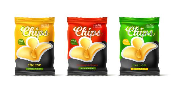 Potato chips package design. Realistic vegetable snacks. Fast food product mockup. Frying unhealthy meal in air bags. Fried crunchy tuber slices. Different tastes. Vector packaging set Potato chips package design. Realistic vegetable snacks. Fast food product mockup. Frying dry unhealthy meal in air bags. Fried crunchy tuber slices. Different tastes. Vector isolated packaging set potato chip stock illustrations