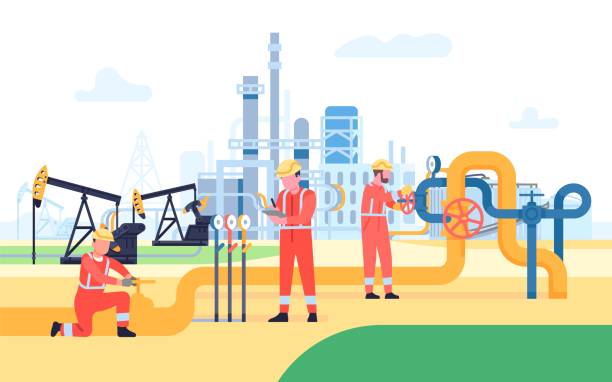 ilustrações de stock, clip art, desenhos animados e ícones de oil gas workers. petroleum pipeline engineers. factory work people. energy resources. rigs and pumps. fossil resource. fuel products industry. petrol production workers. vector concept - oil rig illustrations