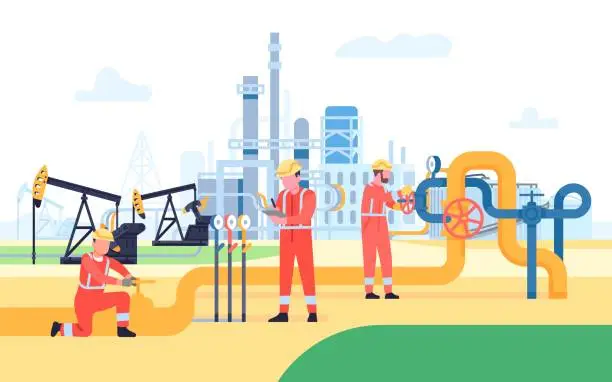 Vector illustration of Oil gas workers. Petroleum pipeline engineers. Factory work people. Energy resources. Rigs and pumps. Fossil resource. Fuel products industry. Petrol production workers. Vector concept