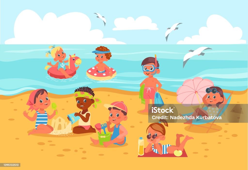 Kids On Beach Illustration Summer Seashore With Boys And Girls Babies  Sunbathing And Swimming In Water Cartoon Characters In Swimsuits Happy  Children Play With Sand Vector Concept Stock Illustration - Download Image