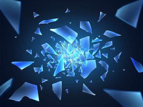 Realistic shattered glass pieces. Flying sharp fragments. Split small debris. 3D random shapes elements. Cracked window splinters. Damaged mirror parts. Blurred motion. Vector concept