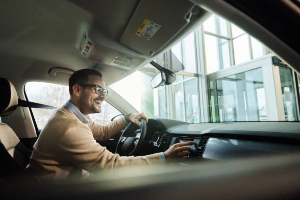 Young happy man enjoying while traveling by car.