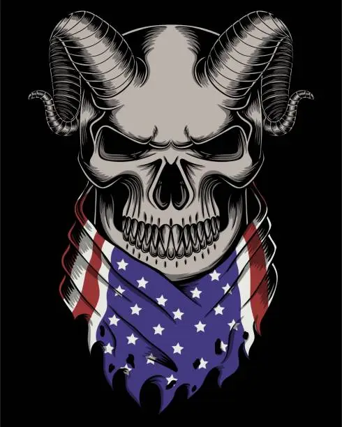 Vector illustration of Skull demon wearing a bandana america flag vector illustration