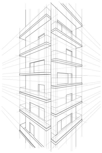 lineare abstrakte architekturskizze mehrstöckige gebäudeperspektive auf weißem hintergrund - multi story building stock-grafiken, -clipart, -cartoons und -symbole