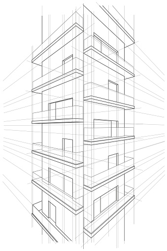 Linear abstract arcitectural sketch multi-storey building perspective on white background